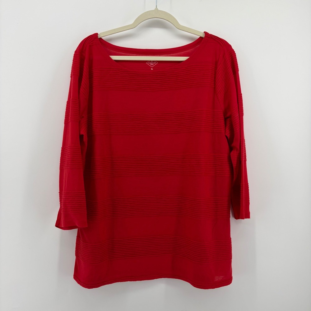 St John's Bay Top Red Womens XL 3/4 Sleeve Textured Stripe Boat Neck Casual‎